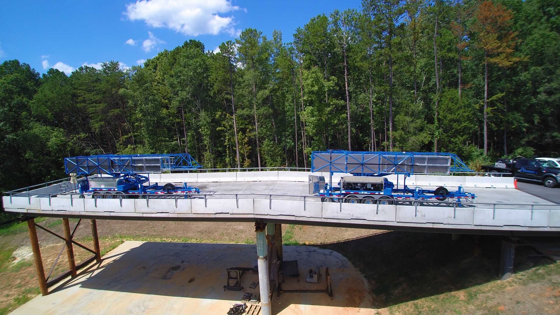 A construction area with blue color motor vehicles